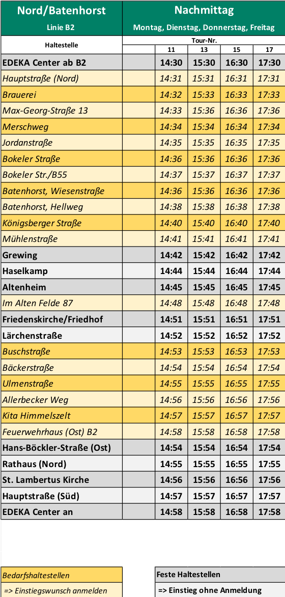 Fahrplan B2 nachmittags